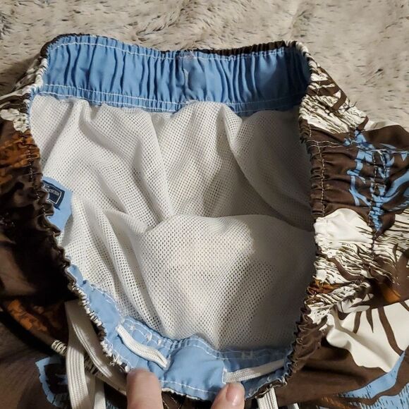Authentic Consensus Mens Size L Brown Blue White Flowered Swim Shorts - Picture 4 of 5